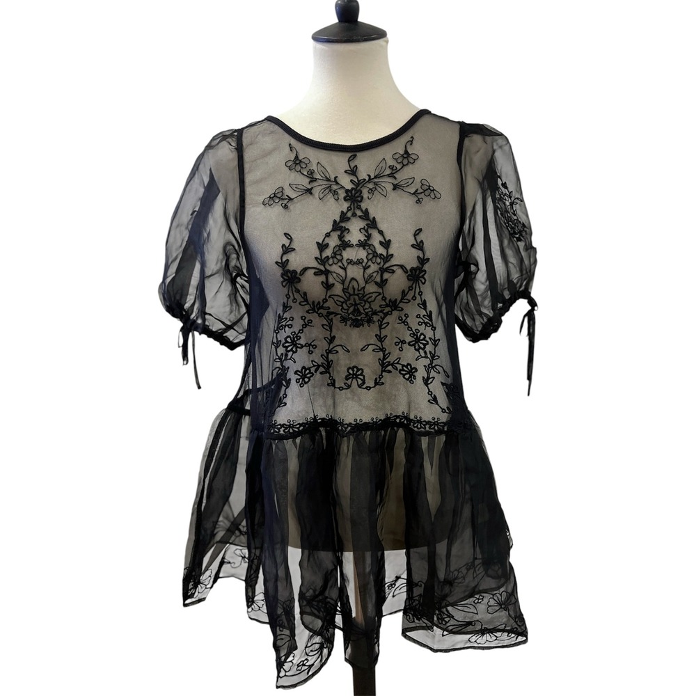 By Anthropologie Sheer Lace Peplum Blouse Black Sz M